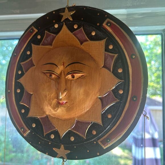 Hand Carved Wooden Star and Moon Ornament Mobile Vintage 90s Indonesia 28.5" - Picture 5 of 16